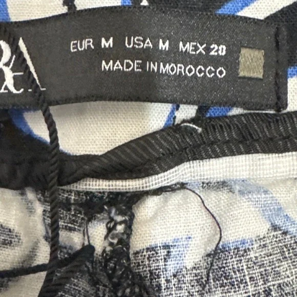 Zara Floral High Waisted Wide Leg Flare Pants Black White Blue Boho Size Medium - Picture 9 of 9